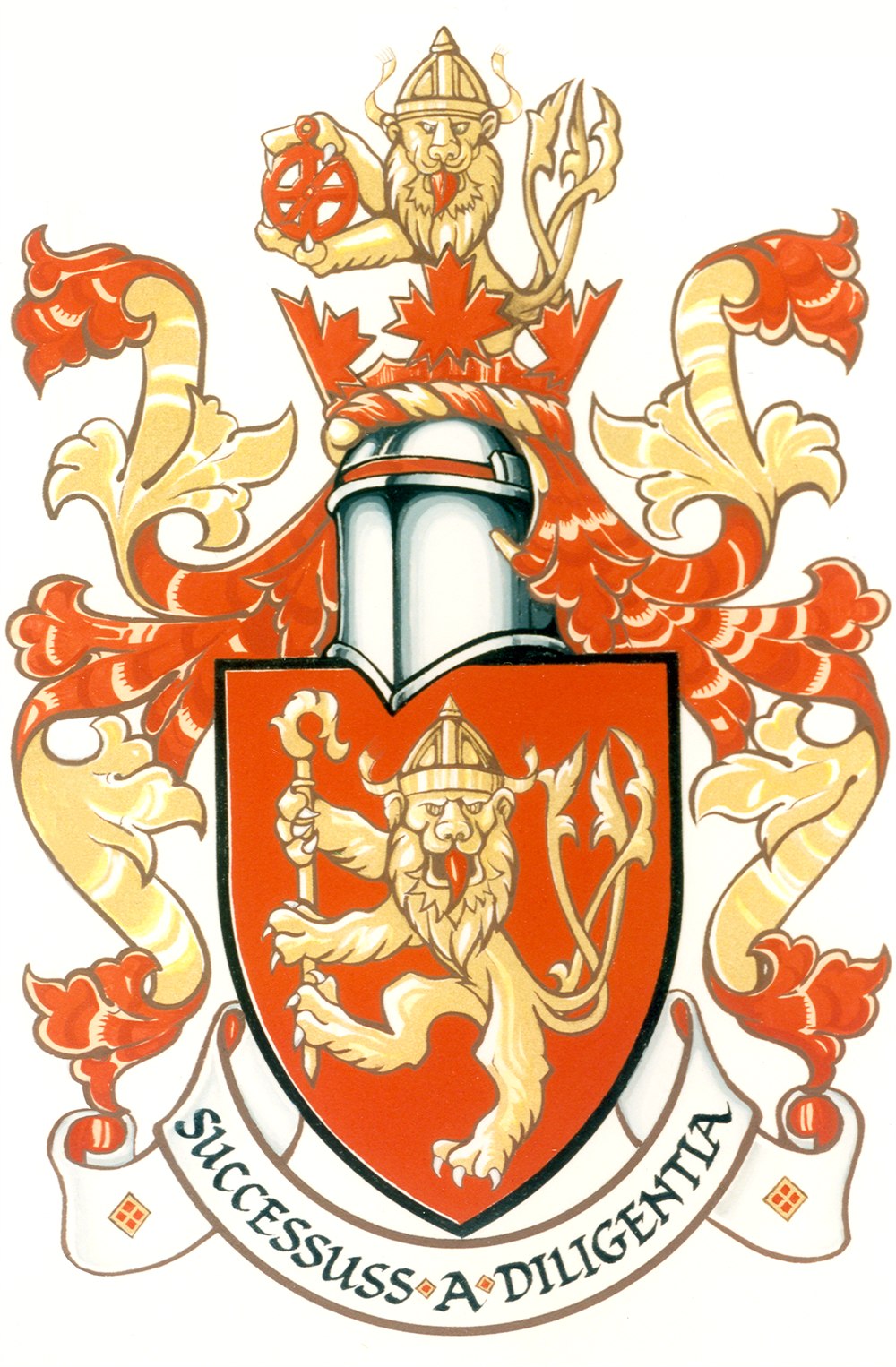 Heraldic coat of arms of André M. Levesque, granted by the Canadian Heraldic Authority in 1996
